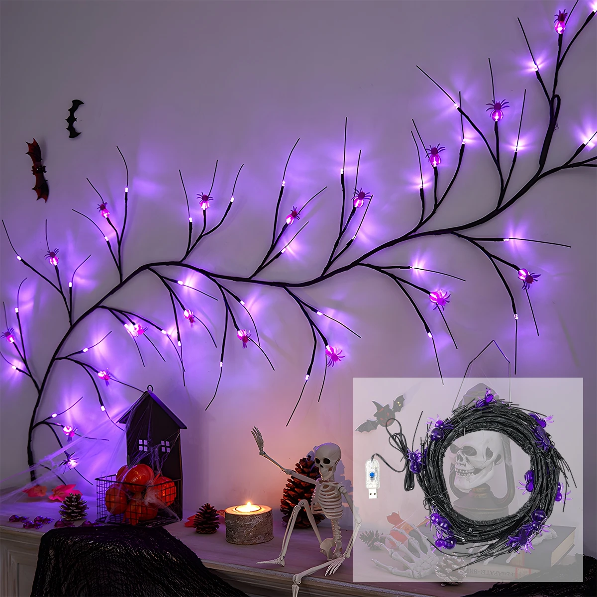 Halloween Purple Spider Vine Waterproof Timing String Light Happy Halloween Party Decoration 2024 For Home Trick Or Treat Favors