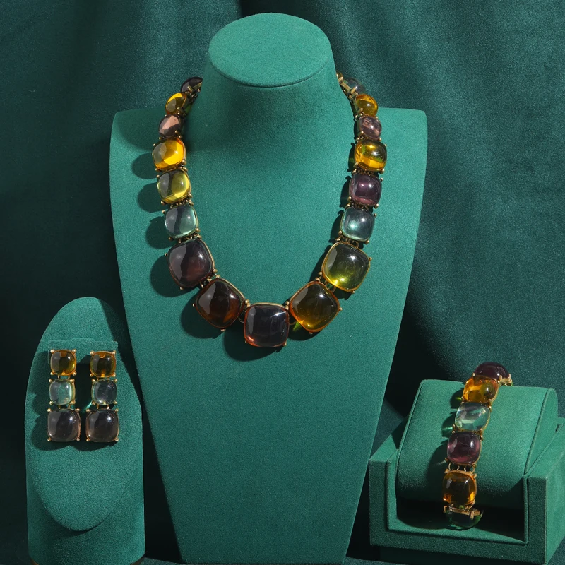 

Vintage Glass Colorful Jewelry Sets Transparent Candy Necklace Drop Earring Bracelet Summer Beach Accessories New For Woman 2026