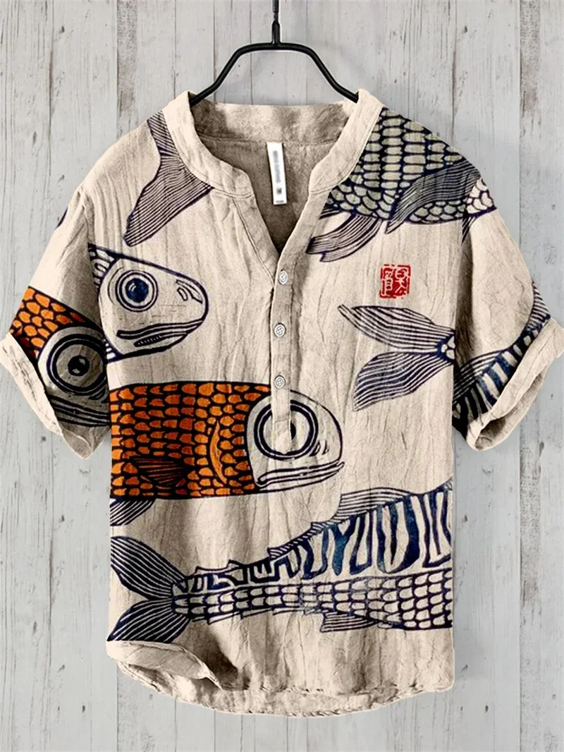 Camicie da uomo e da donna primaverili ed estive stazione indipendente casual fish pattern camicie stile hawaiano top da uomo 100% lino