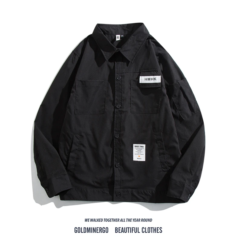 

Ретро-японская рабочая одежда: мужская повседневная свободная рубашка с длинным рукавом, с нашивками, в стиле кэжуал, для молодежи, весенняя мода