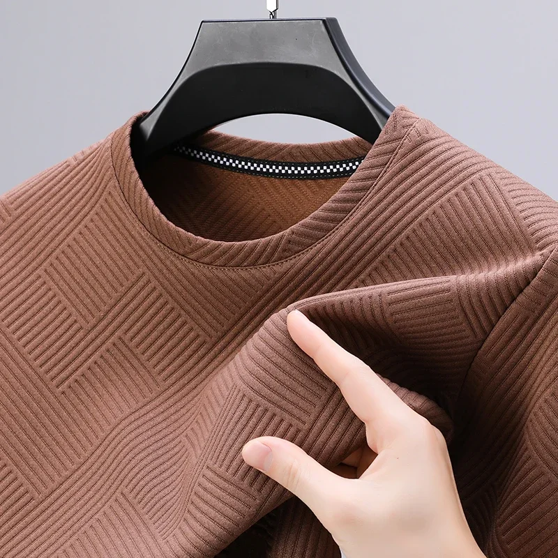 

2024 New Korean Mens Elasticity T-shirt Fashion Long Sleeve Sweatshirts Casual Men Round Neck Textured Top