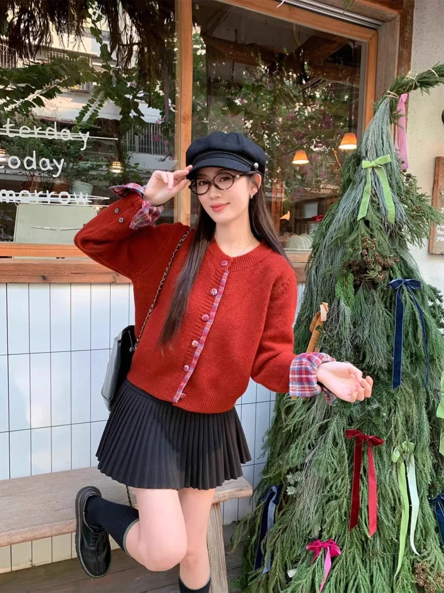 플레이드 라운드 네이 니트 스웨터 여성용 가을 겨울 빈티지 페이크 투피스 니트웨어 아우터웨어 한국 스타일 루즈핏