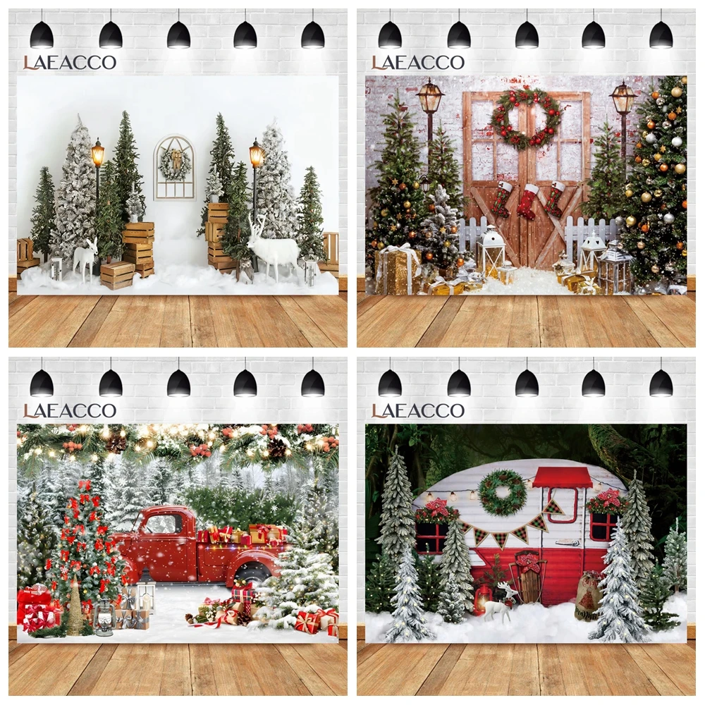 Winter Christmas Xmas Tree Photo Backdrop Snow Forest Moon Star Fence New Year Family Party Photography Background Photo Studio