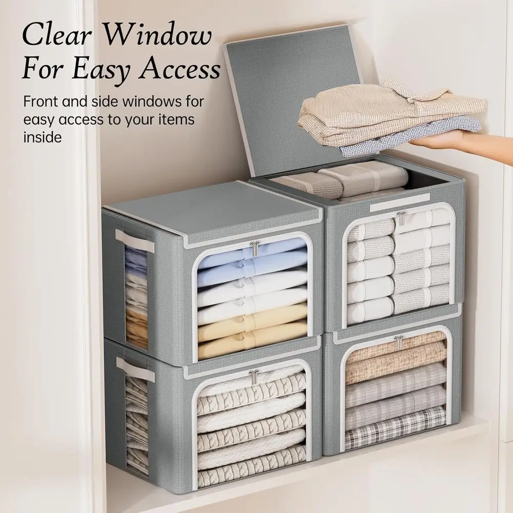 صناديق تخزين قابلة للطي بإطار معدني سعة 40 لترًا مع غطاء، منظمات ملابس بسحاب قابلة للتكديس، صناديق قماش أكسفورد مع رؤية واضحة وLea #6