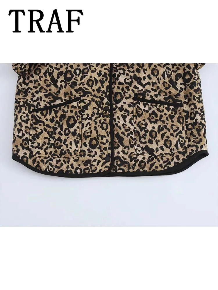 TRAF Women Vintage Leopard Print Cropped Parka Coat 2024 Autumn Winter Jackets For Women Long Sleeve Streetwear New Outerwear