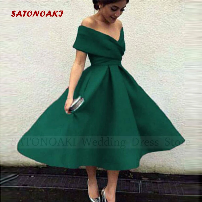 2024 Women\'s Elegant Off the Shoulder Satin Short Evening Prom Dresses Tea Length A-Line Party Dresses Vestidos De Noche Custom