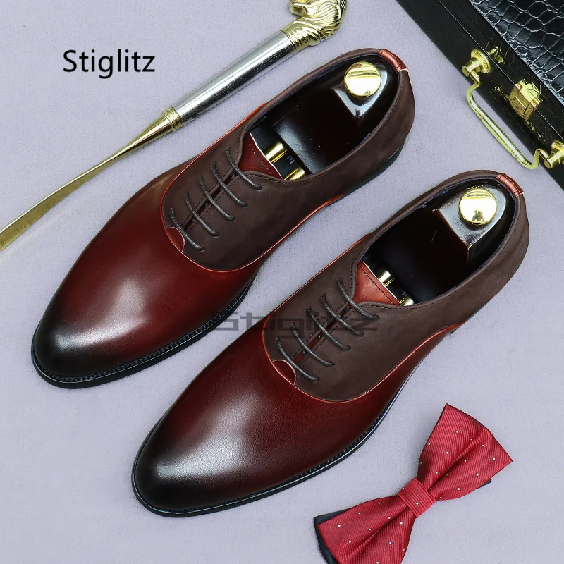 

Classic Men's Business Dress Shoes Genuine Leather Patchwork Lace Up Oxford Shoes Handmade Office Elegant Male Social Shoes
