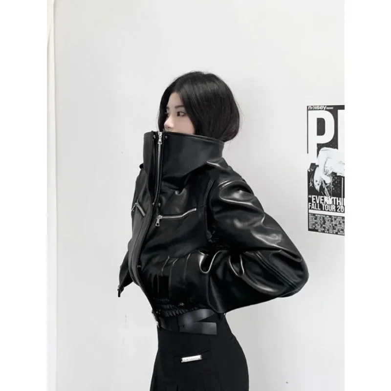 Black Leather Coats High Waist Stand Collar Short Length Techwear Punk Style Jackets Y2k Street Fashion Women Outerwear Tops