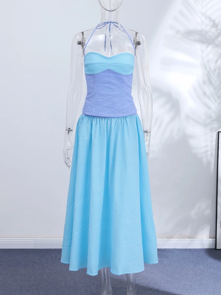 Sexy Halter Crop Top Skirt Sets Women Beach Contrast Slim Knit Vest Long A-line Skirts Two Piece Set 2026 Summer Lady Beachwear image 6