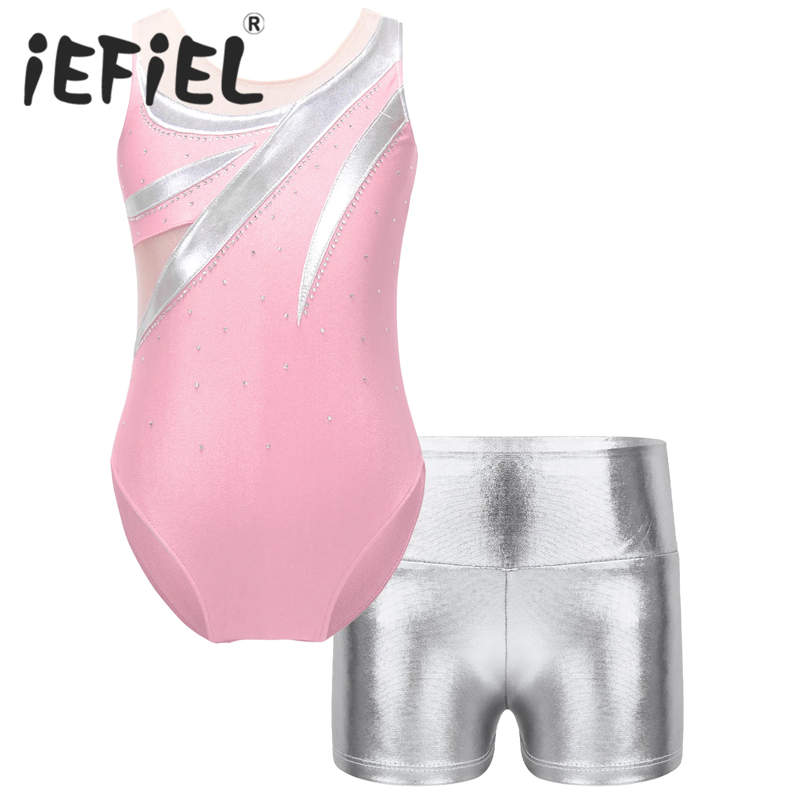 

Kids Girls Ballet Dance Sets Sports Gymnastics Workout Dancewear Leotard with Metallic High Waist Shorts for Dance Competition