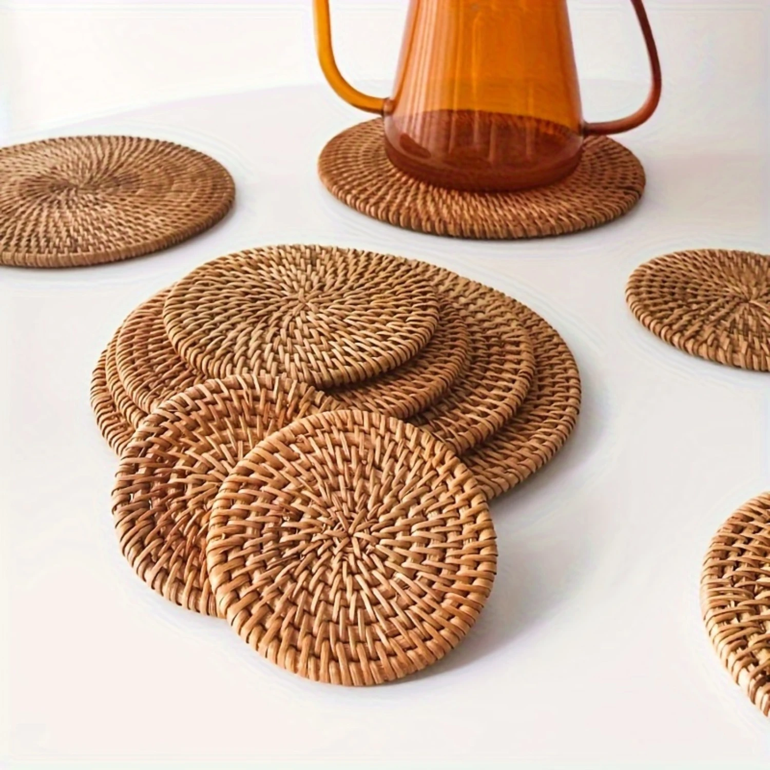 Set Of 6 Natural Rattan Coasters With Holder - Braided Cup Mats For Dining & Living Room Decor, Eco-Friendly Kitchen Accessories