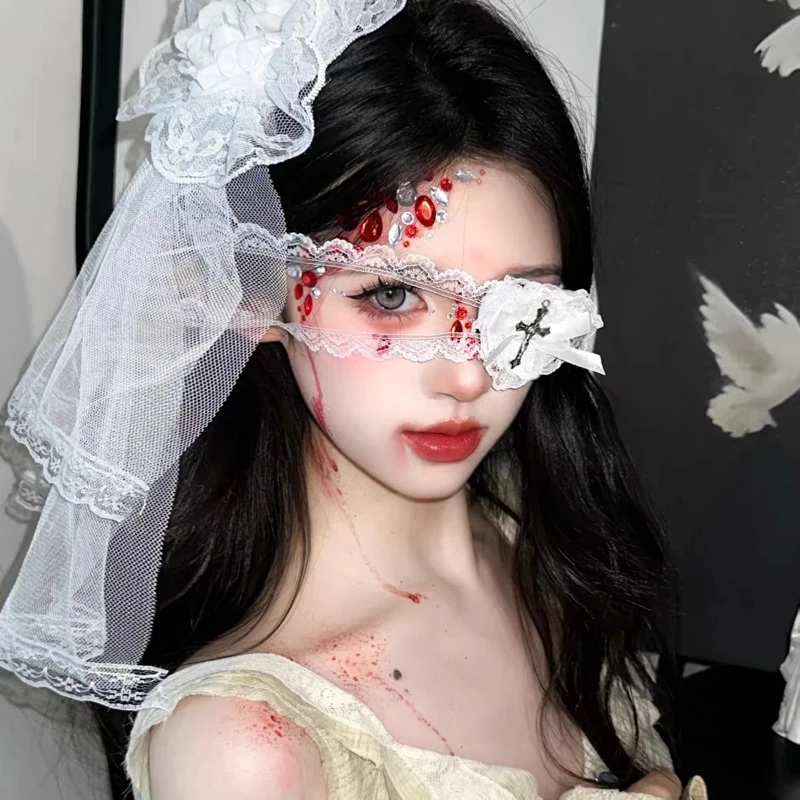 

Gothic Cross Eye Mask Cosplay Lolita Eye Patch Halloween Black White Lace Bows Heart Cross Eye Masks Cosplay Eye Patch Eyewear