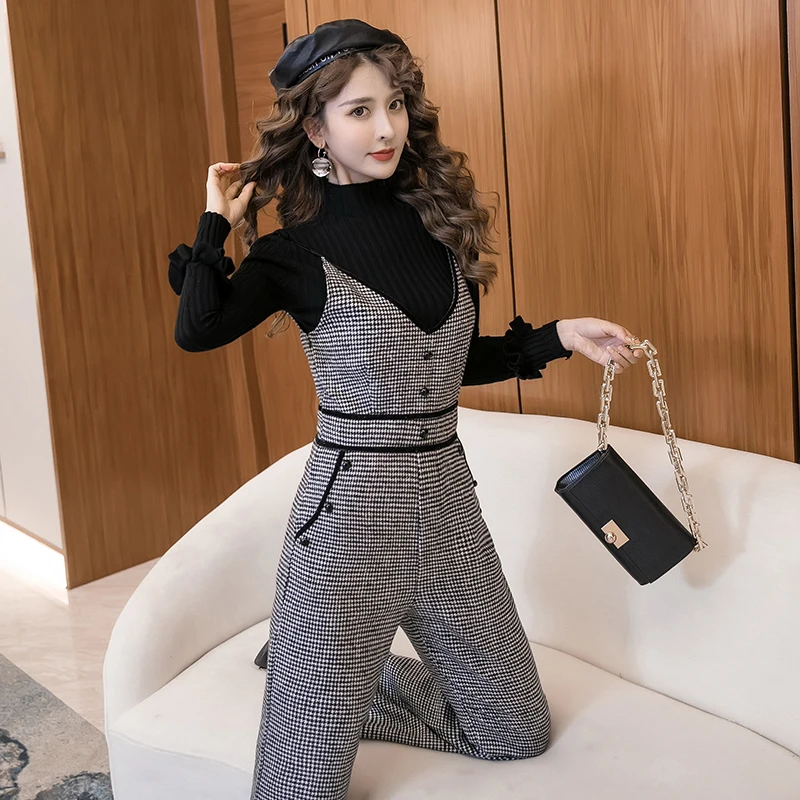 Chic Korean Houndstooth Jumpsuit Women Spring Autumn High Waist Office Lady Jumpsuits Combinaison Femme Elegant Overalls