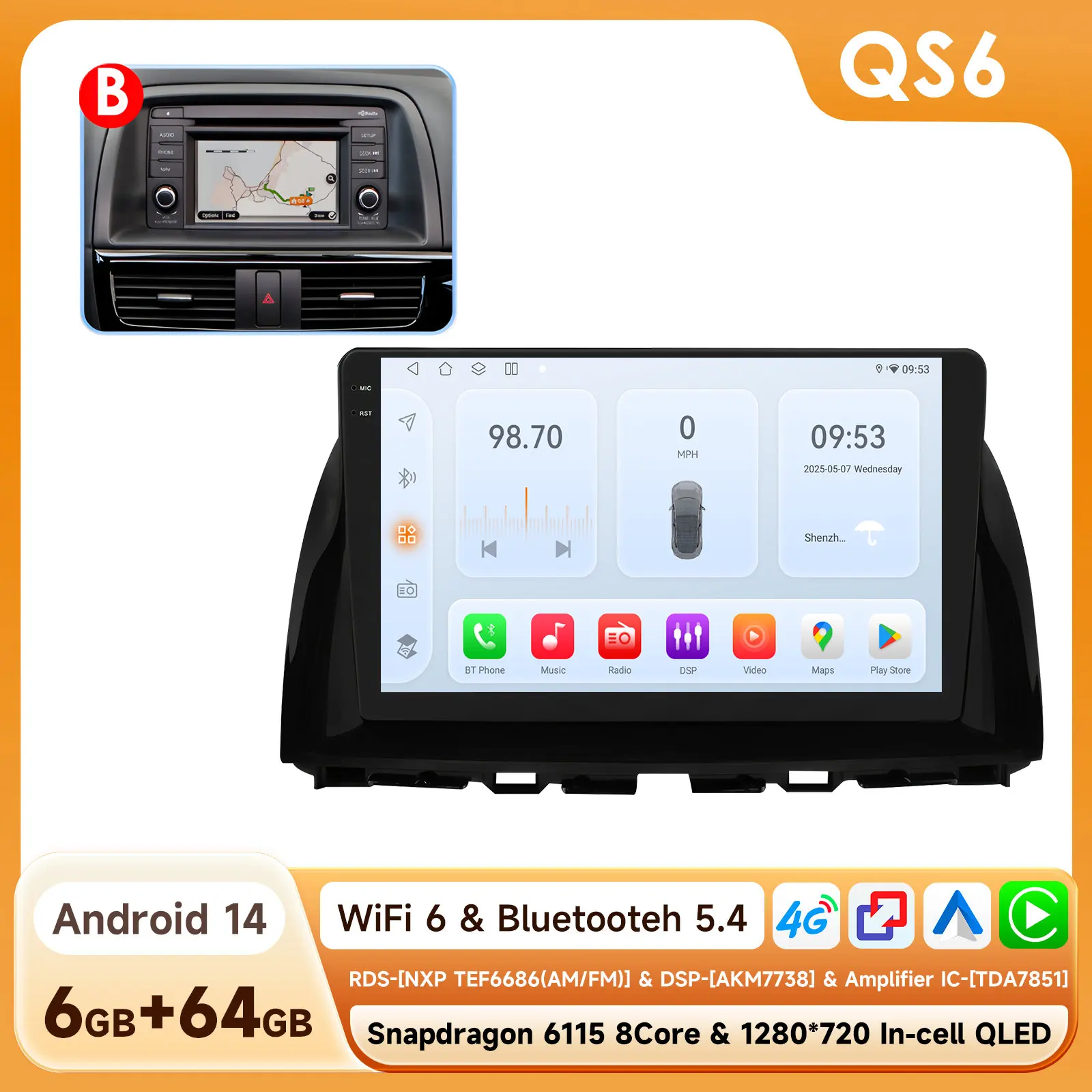 Android 14 Autoradio Autoradio voor Mazda CX5 CX-5 2012-2015 BySnapdragon 6115 multimedia GPS 360 Cam Carplay Android Auto Scherm