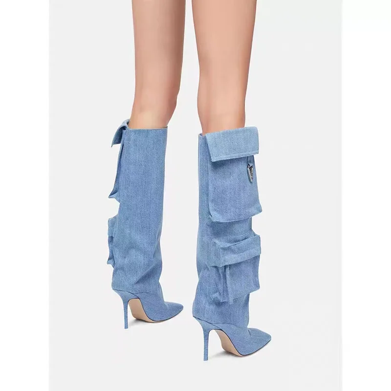 

Pocket Design Denim Boots Knee Botas Sqaure Toe Thin Heels Geometric Metal Decoration Cool Zapatos Mujer Runway Modern Shoes