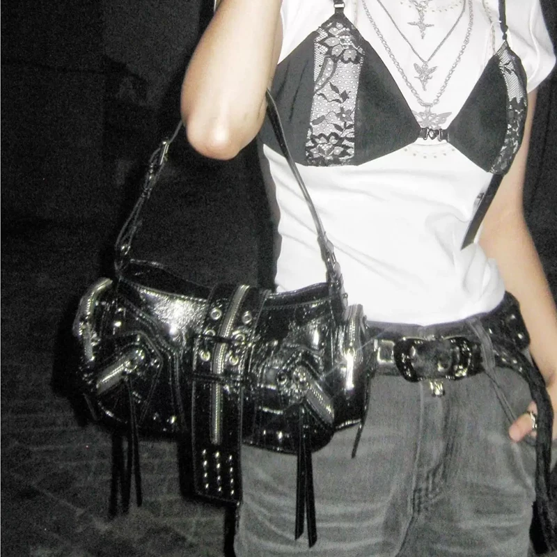 

SHELKSBAG Y2k Biker Shoulder Bag for Women Gothic Punk Crossbody Purses Handbag 2026 New in Trendy Leather Rivets Underarm Bags