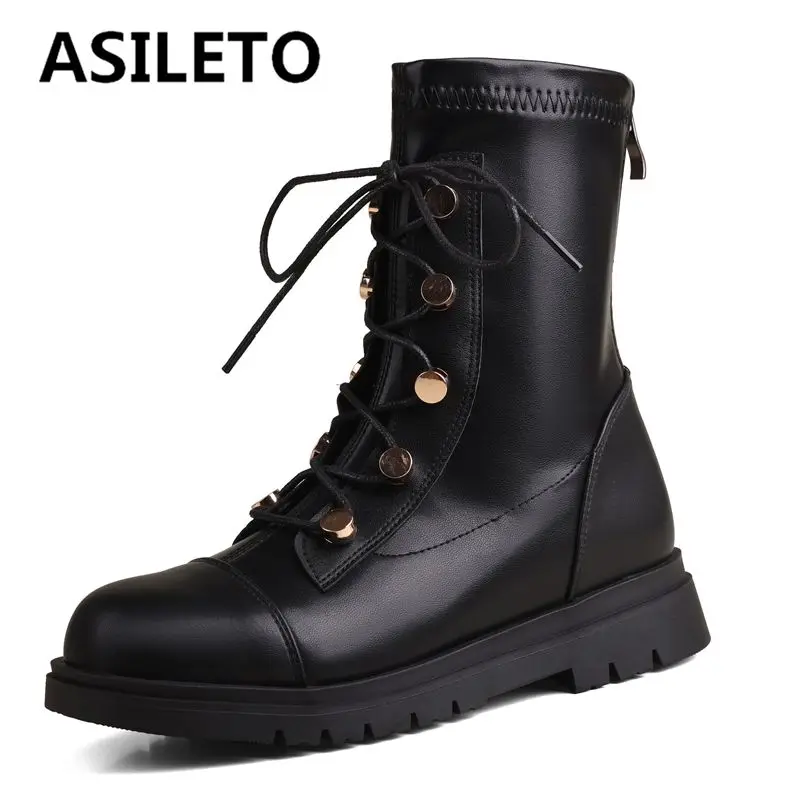 

ASILETO 2024 New Retro Women Boots Stretchy Thick Heels 3cm Zipper Lace Up Metal Decoration Small Size 31 32 33 Leisure Bota