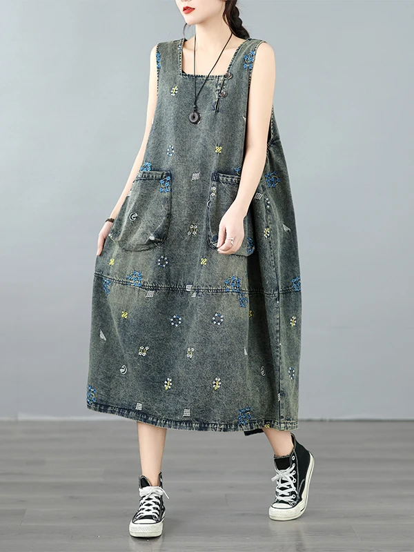 

Elegant Long Oversized Denim Vest Dress Women Summer Fashionable Knee-Length Lantern Skirt Casual High Waist Embroidered Cotton