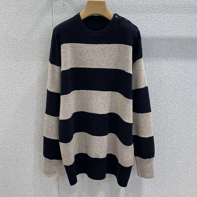 

Высококачественный женский свитер в двойную полоску с боковыми пуговицами, длинный пуловер с круглым вырезом, осенне-зимняя одежда 2593010