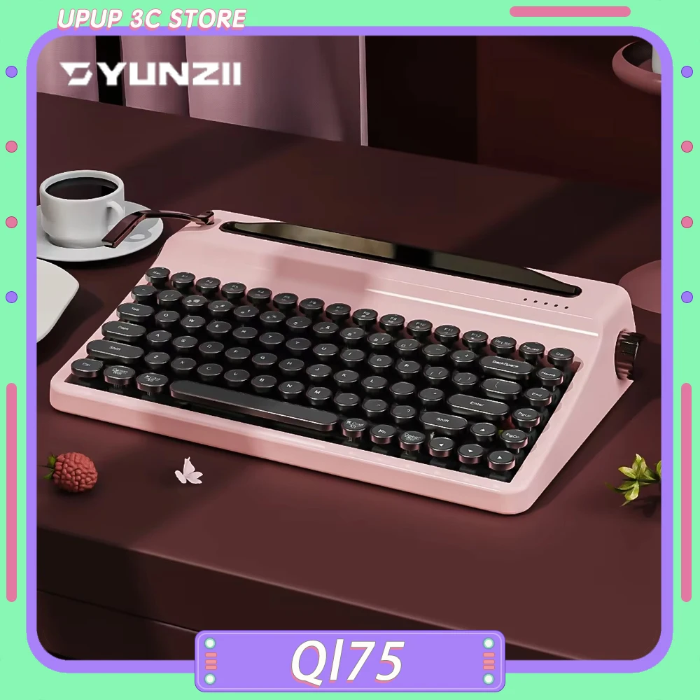 

Yunzii Ql75 Mechanical Keyboard Wireless Tri Mode Typewriter Retro Typewriter Qmk/Via Keyboard Rgb Hot-Swap Punk Round Keycap