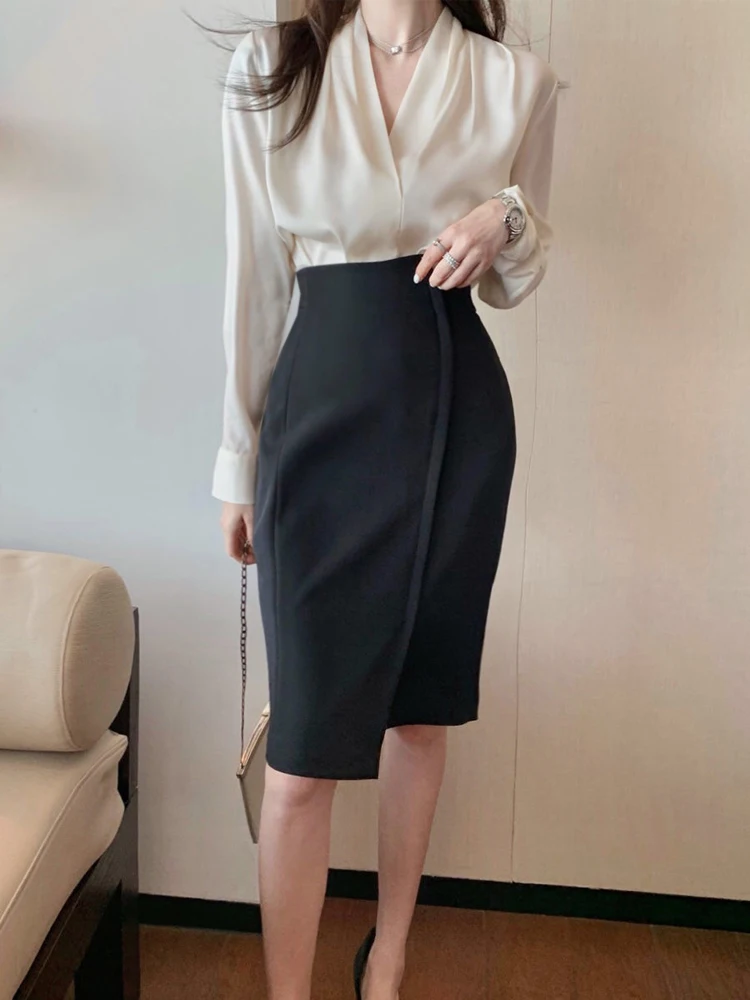 2022Two Piece Shirt Long Sleeve Satin Top High Waist Asymmetric Short Skirt Suit Sexy Pack Hip Slit Skirt Two Piece Office Dress