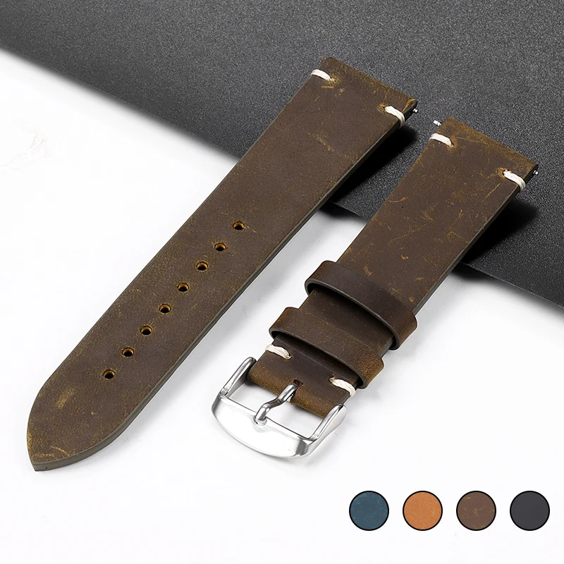 Vintage Leather Watchband 18mm 20mm 21mm 22mm 24mm Handmade Stitching Cowhide Strap for Seiko for Omega Smartwatch Men Wristband