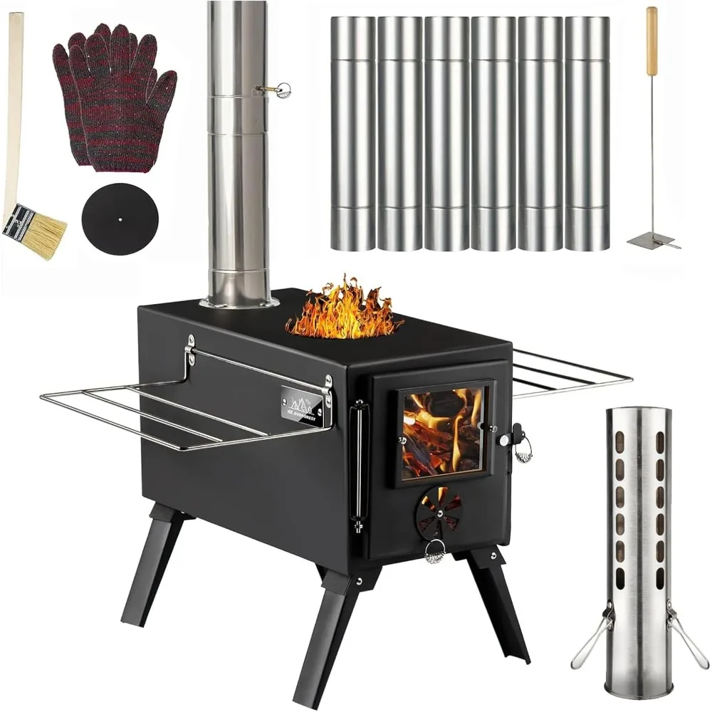 

Portable Outdoor Wood-Fired Stove for Heating and Cooking with 7 Stainless Steel Chimney Pipes