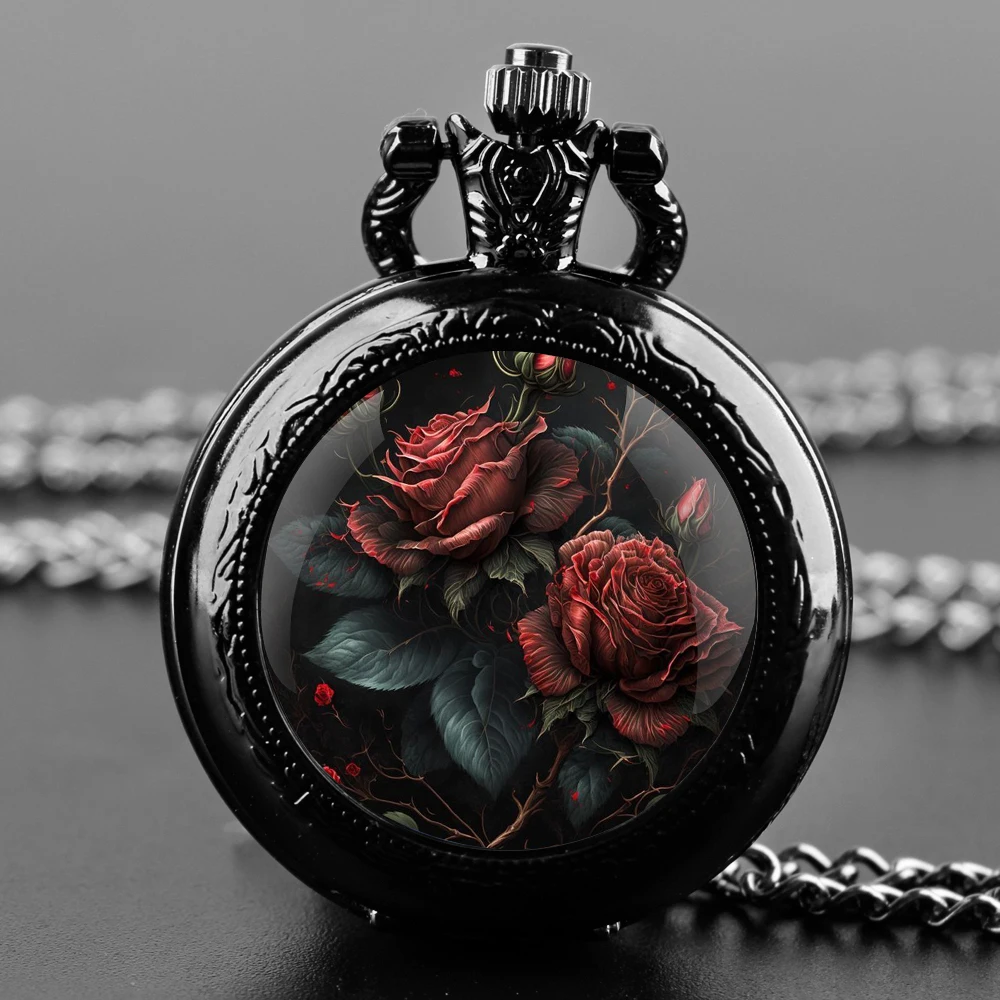 Rose Design Glass Dome Fashion Arabic Numerals Quartz Pocket Watch Necklace Pendant Chain Mens Women Gifts