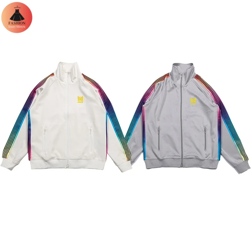 

Colorful Stripes Gradient Embroidery Casual Jacket Zipper Sports Stand-up Collar Mens Womens Fashion High Quality Jacket