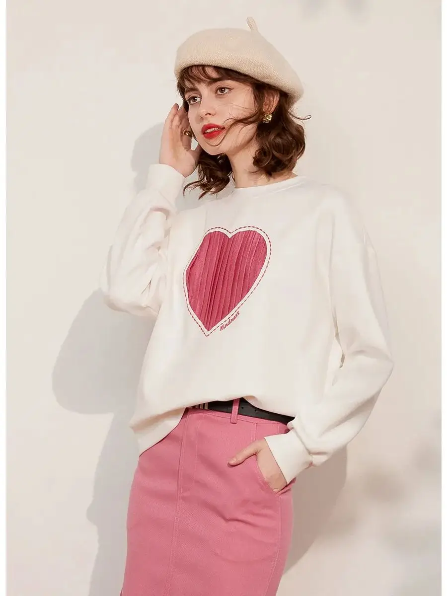 LOUIS YAO Women Sweatshirt Round Neck Long Sleeve 2024 Spring New Drop Shoulder Sleeve Loose Fit Casual Love Shape Pullover Top