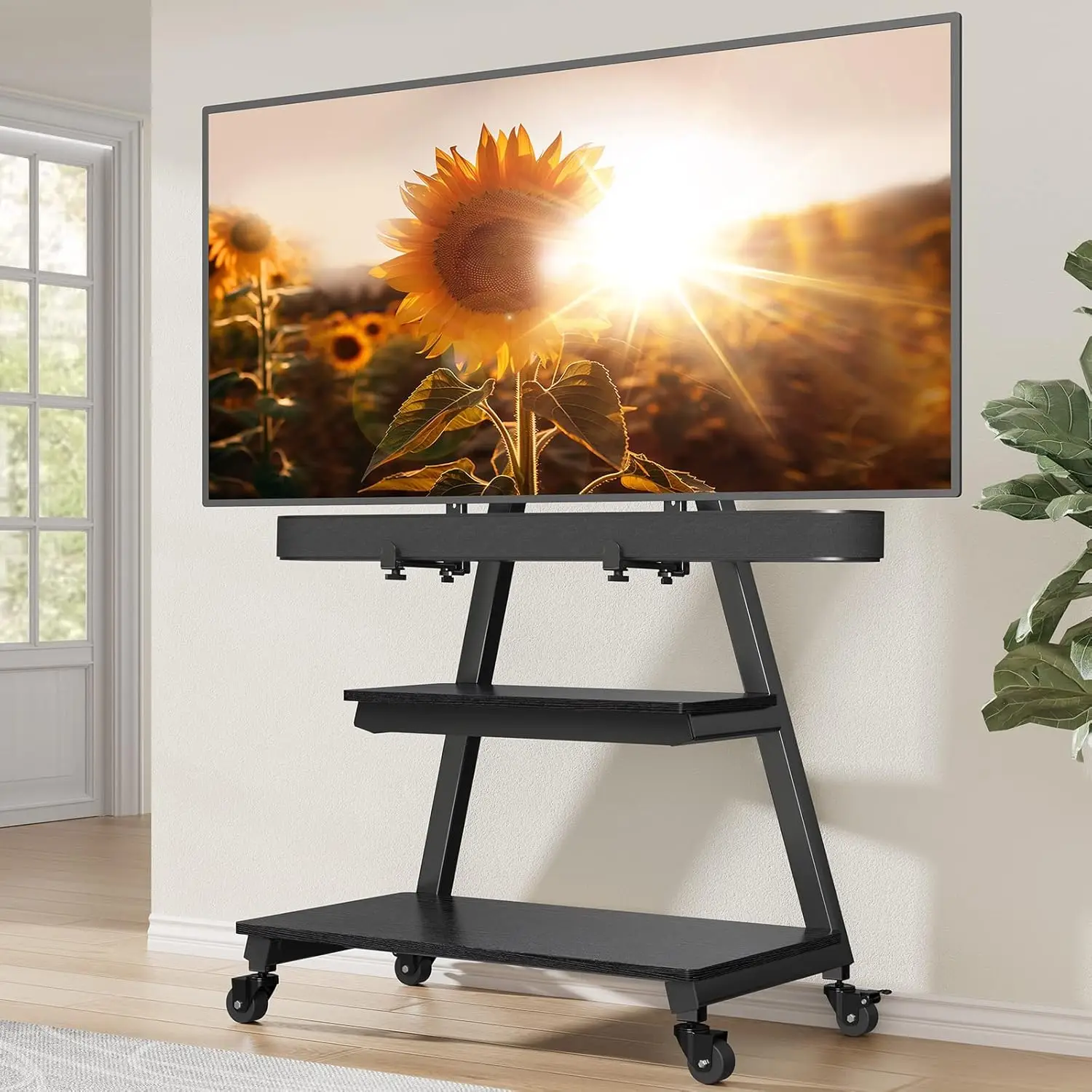 Mobile TV Stand with Soundbar Mount, Rolling Floor TV Stand with Wheels for 43-83