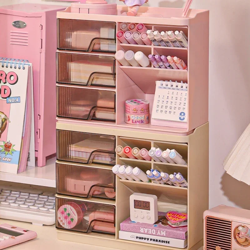 Cute Stationery Storage Box Organizer Multi-funct Desktop Drawer Oblique Pen Holder Office Dust-proof Storage Rack Organization
