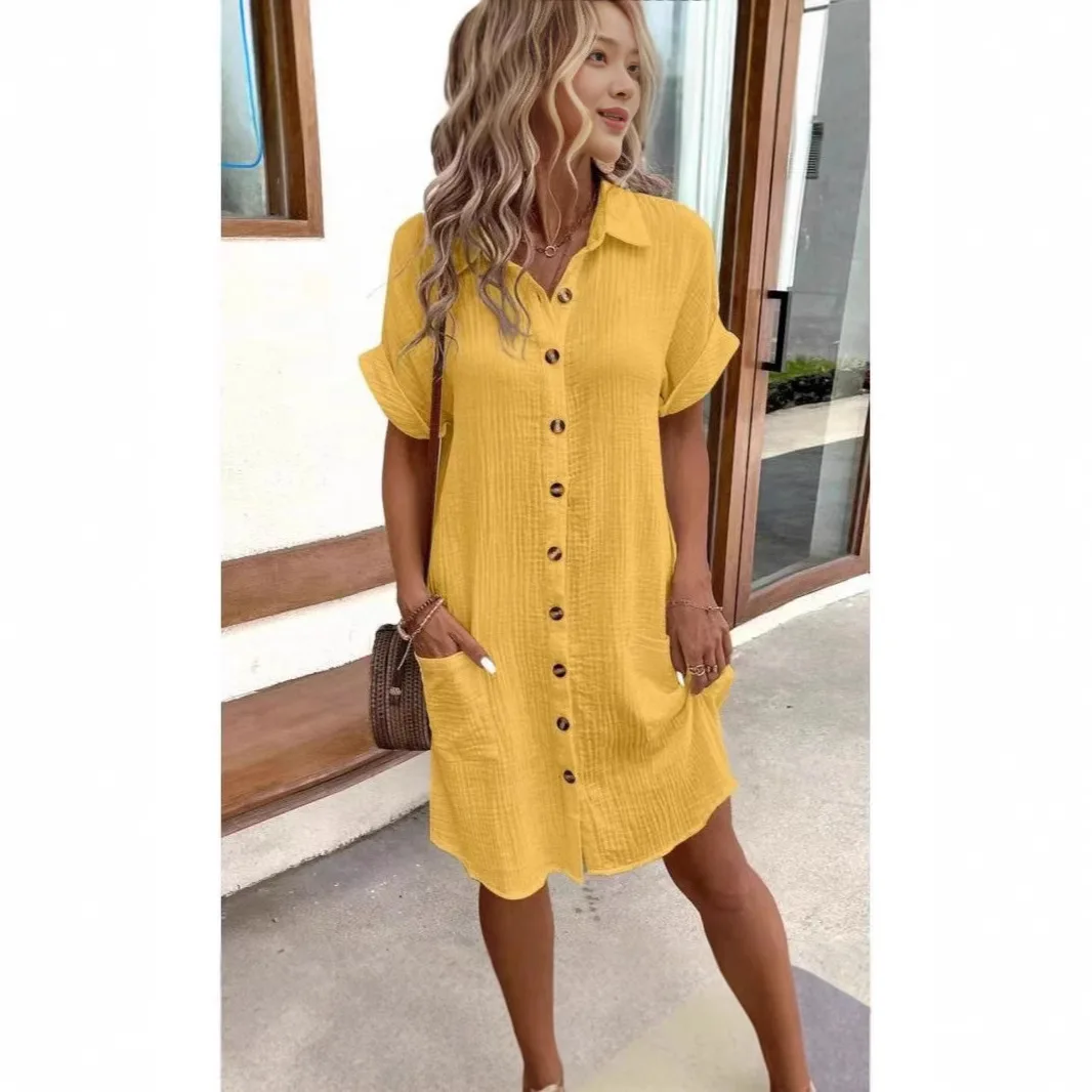 Women's Casual Versatile Solid Color Cotton Linen Short Sleeved Loose Shirt for Medium Long Wear Europe TUSA Solid Nightdress