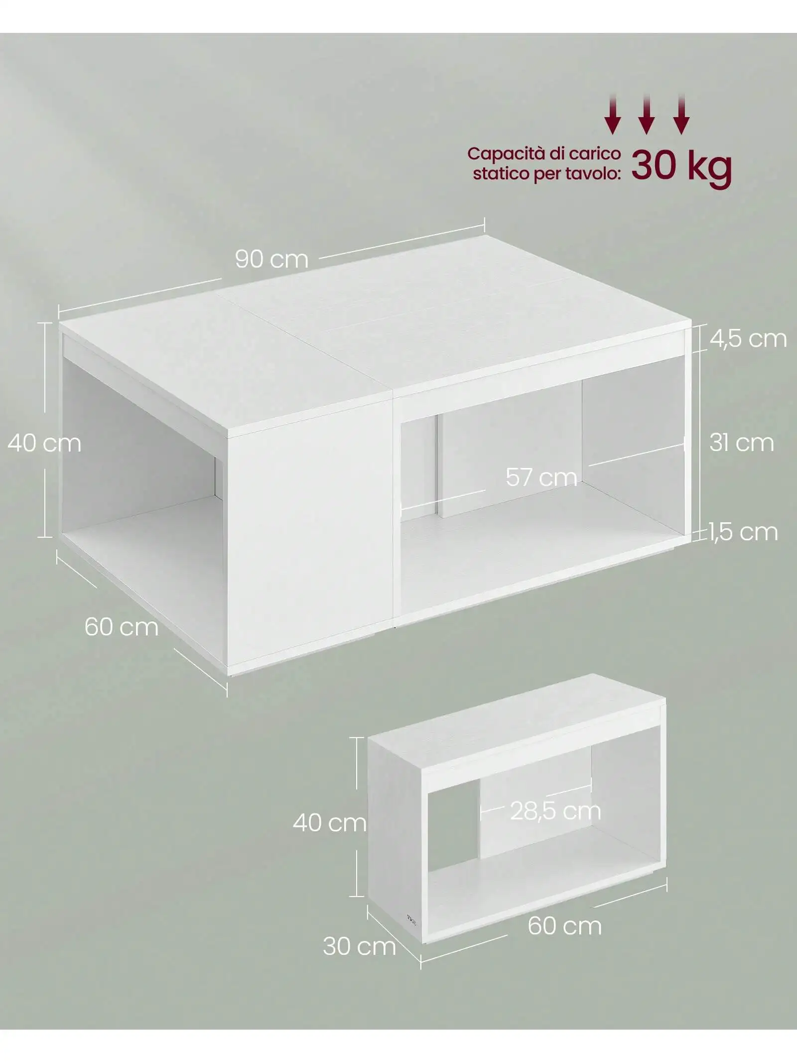 Tavolini VASAGLE, Set di 3 tavolini rettangolari modulari, stile moderno, con ripiano, per studio camera da letto soggiorno, bianco neve