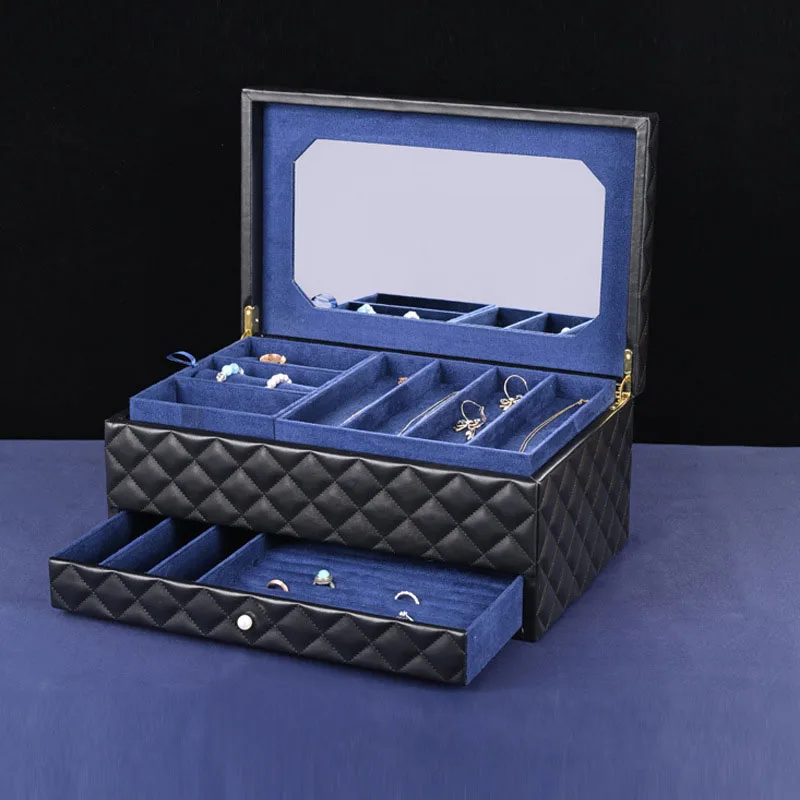 Black Leather Jewelry Storage Box Dustproof Drawer Jewelry Organizer with Mirror Large Earrings Ring Necklace Display Case Women