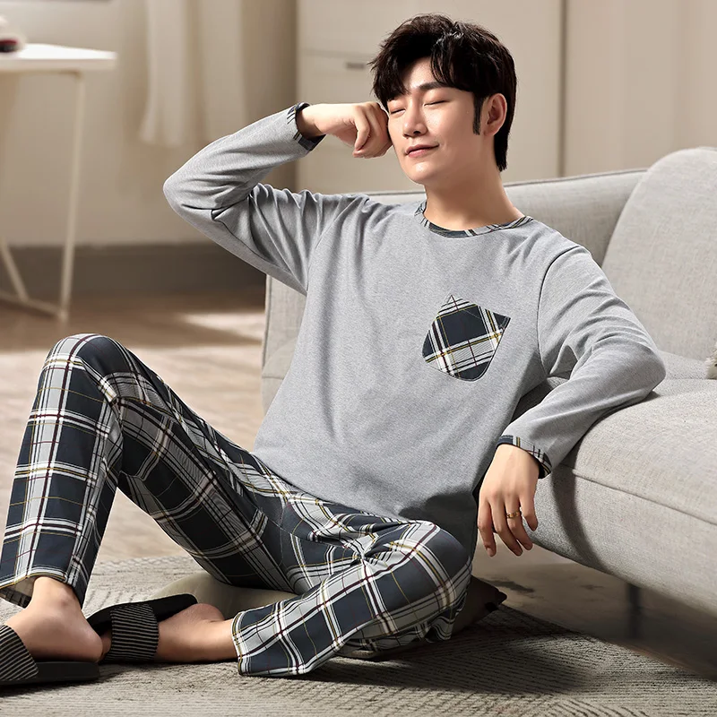 Simple Men Pajamas Sets Autumn Winter Long Sleeves Long Pants Cozy Sleepwear Boys Pyjamas Soft Pijamas Casual Pjs Sleeping Plaid