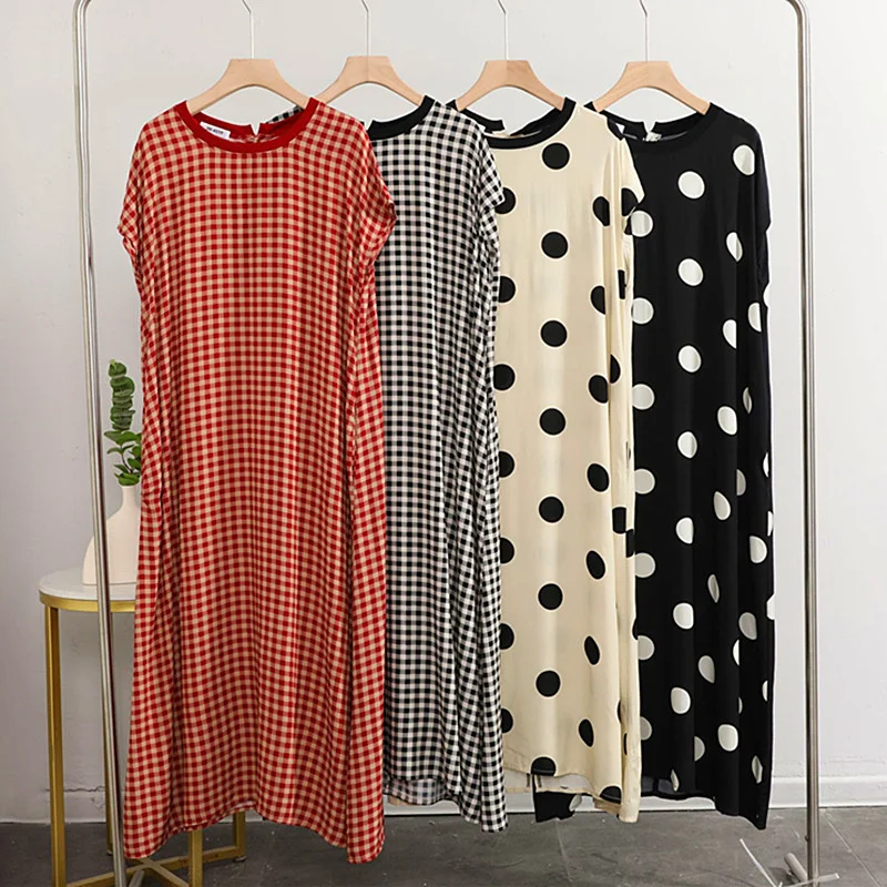 Fashion Plaid And Dot Night Dress Women Loose Cotton Short Sleeve Sleepwear Nightgowns Summer Ladies Nightwear Sleeping Clothes
