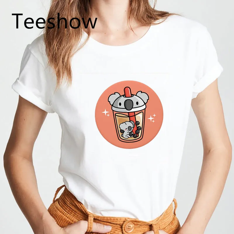 Kawaii Boba Tea Women T-shirt Printed Cute Cartoon Tshirt Female Casual Streetwear Short Sleeve Graphic Tops Tee Women Clothing