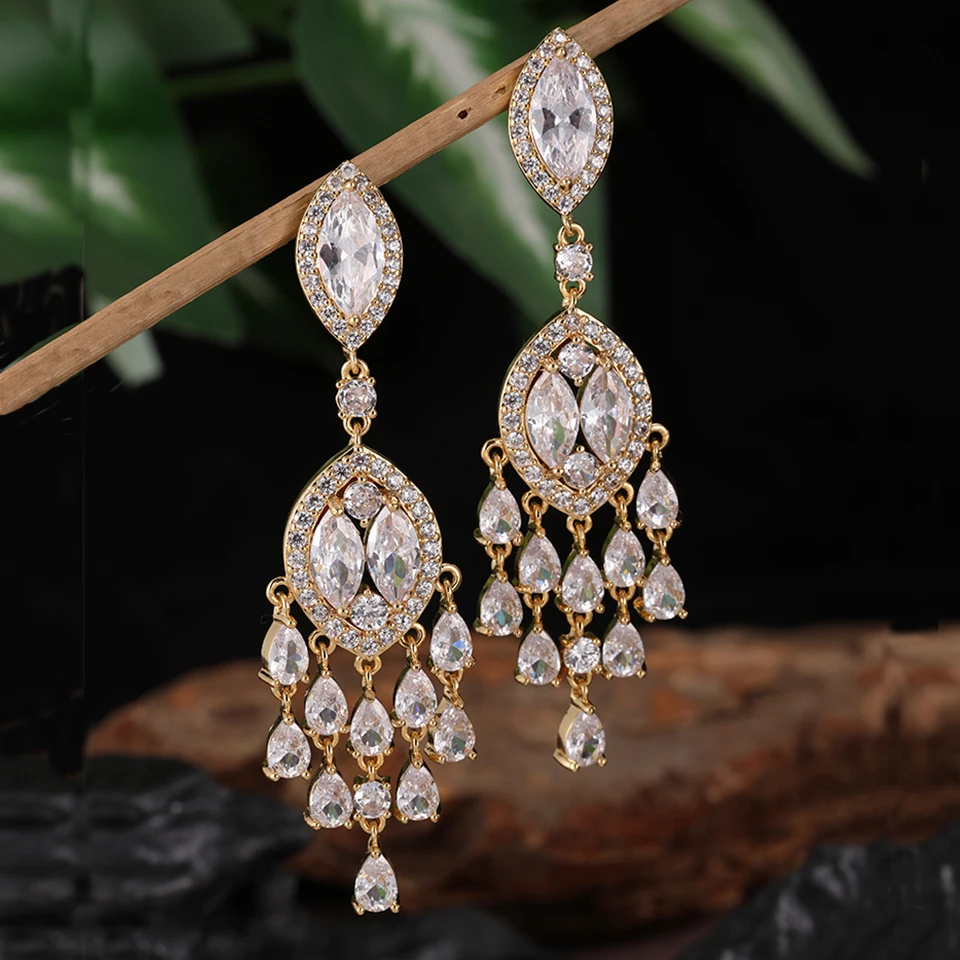 ZAKOL Brand Gorgeous Clear Marquise AAA Cubic Zirconia Chandelier Drop Dangle Earrings Luxury Women's Wedding Banquet Jewelry