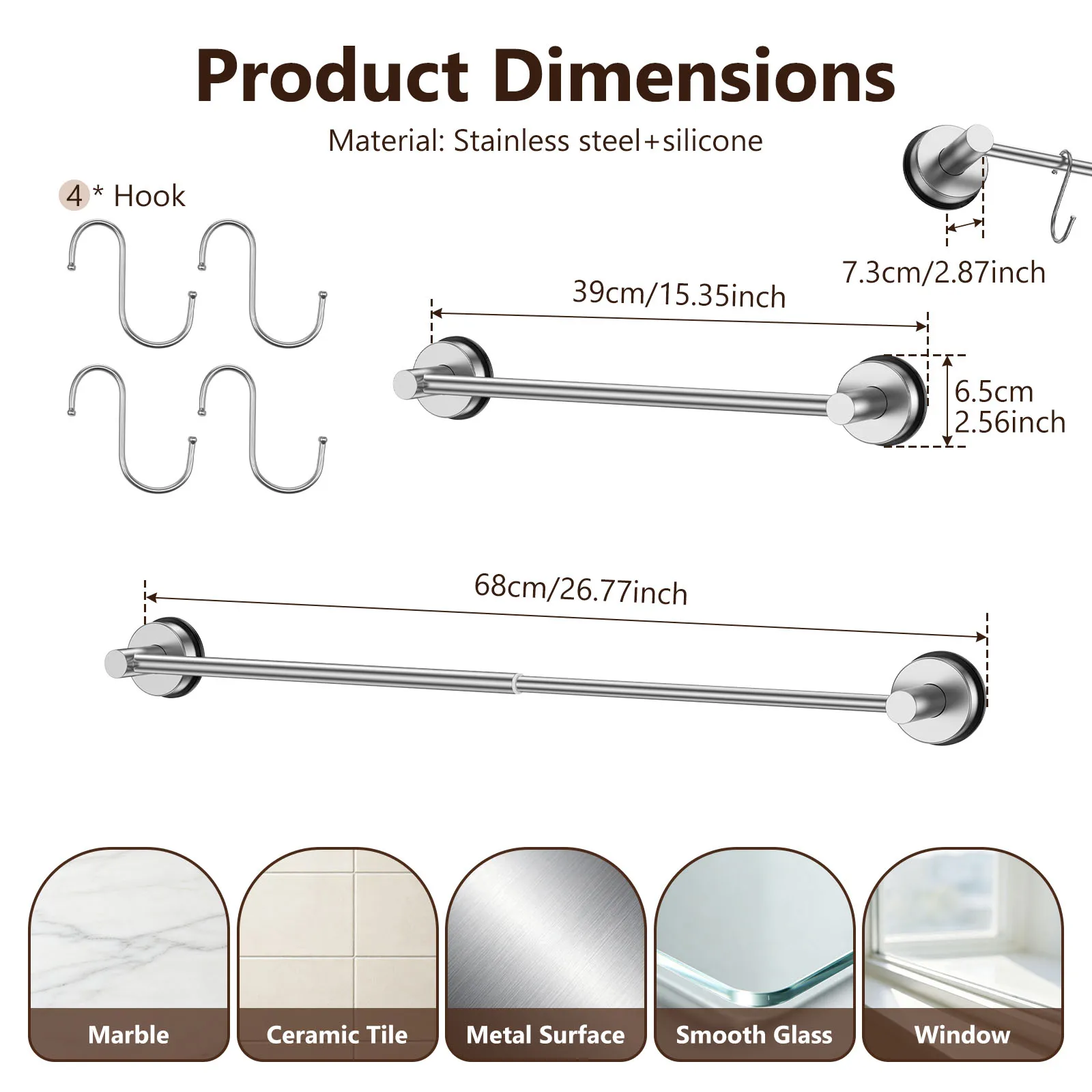 Suction Cup Bathroom Hand Towel Rack Adjustable Stainless Steel Towel Bar Extendable Kitchen Towel Rail Space Saving