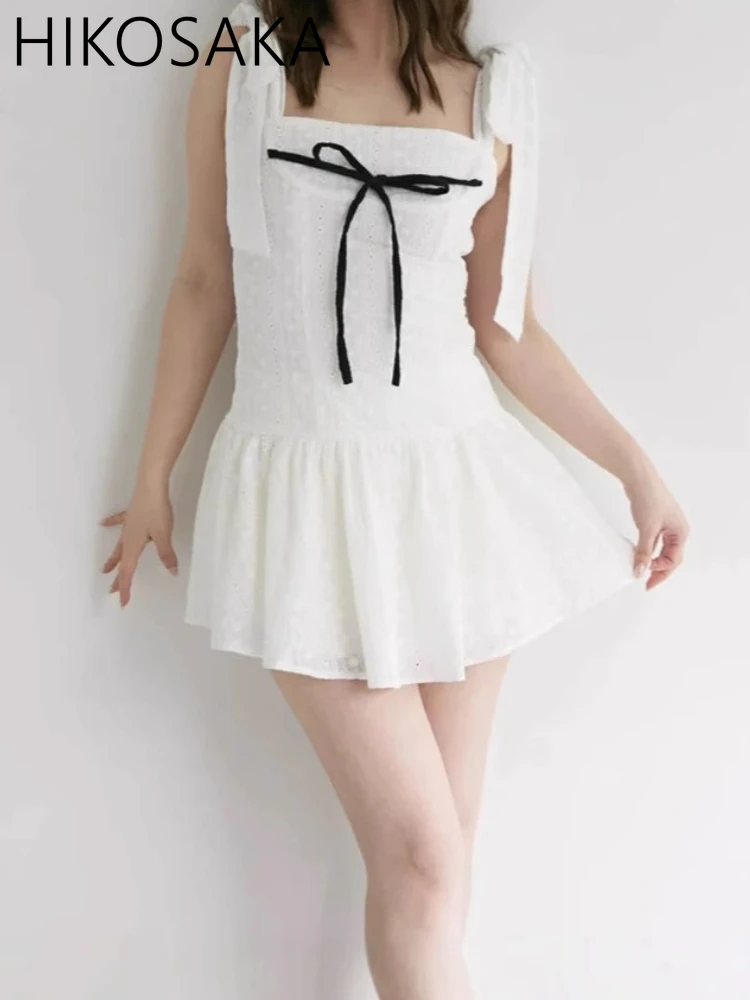 

Chic Sweet Bow Lace Up Straps Dress Japan Style Aesthetic Temperament Short Robe Ruffles Patchwork Slim Fit Summer Vestidos
