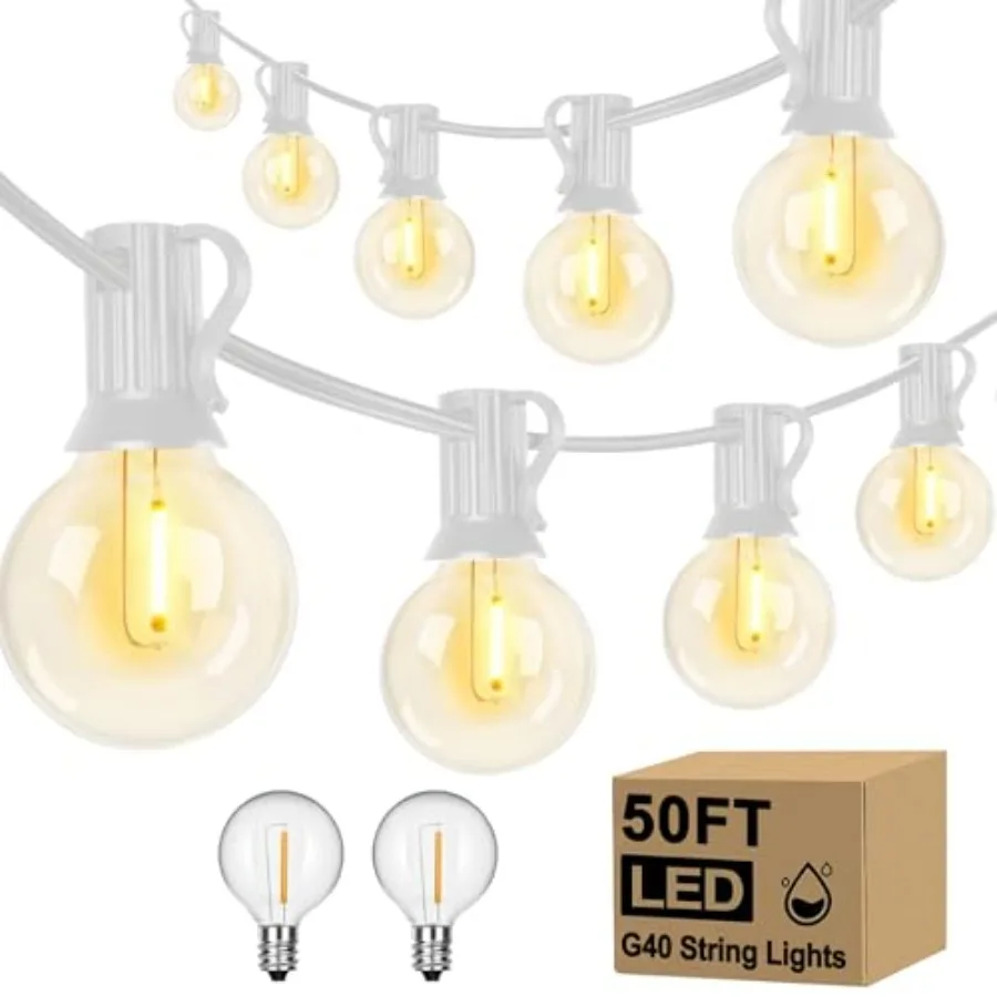 

Outdoor LED String Lights 50Feet - G40 Edison Bulbs with Clear Plastic Globes Dimmable Waterproof Commercial Grade Fairy Lights