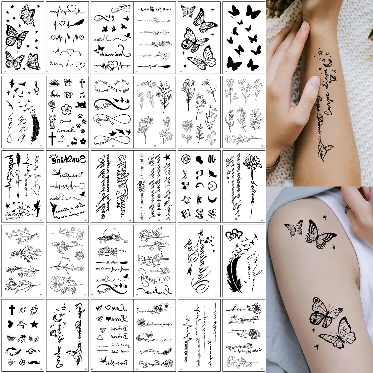 

30pcs Temporary Tattoos for Women - Black Heart, Butterfly, Floral & Celestial Designs | Waterproof Fake Tattoo Stickers