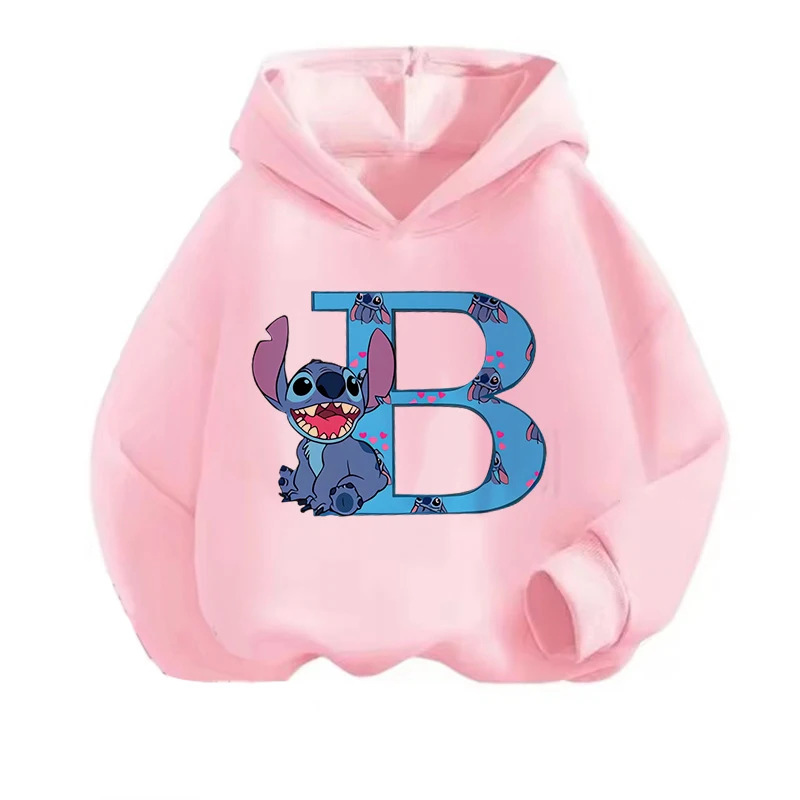 Kawaii Children Hoodies Stitch Letter ABCD Fashion Pullover Sweatshirt Anime Manga Cartoons Girls Boy Kids Casual Clothes Tops