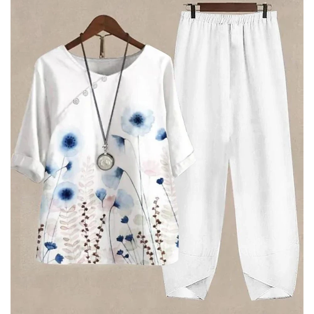 Fall New Floral Print Element Short Sleeve Pants 2-Piece Breathable Traf 2023 Woman Vintage Middle-Aged Button T-Shirt Summer