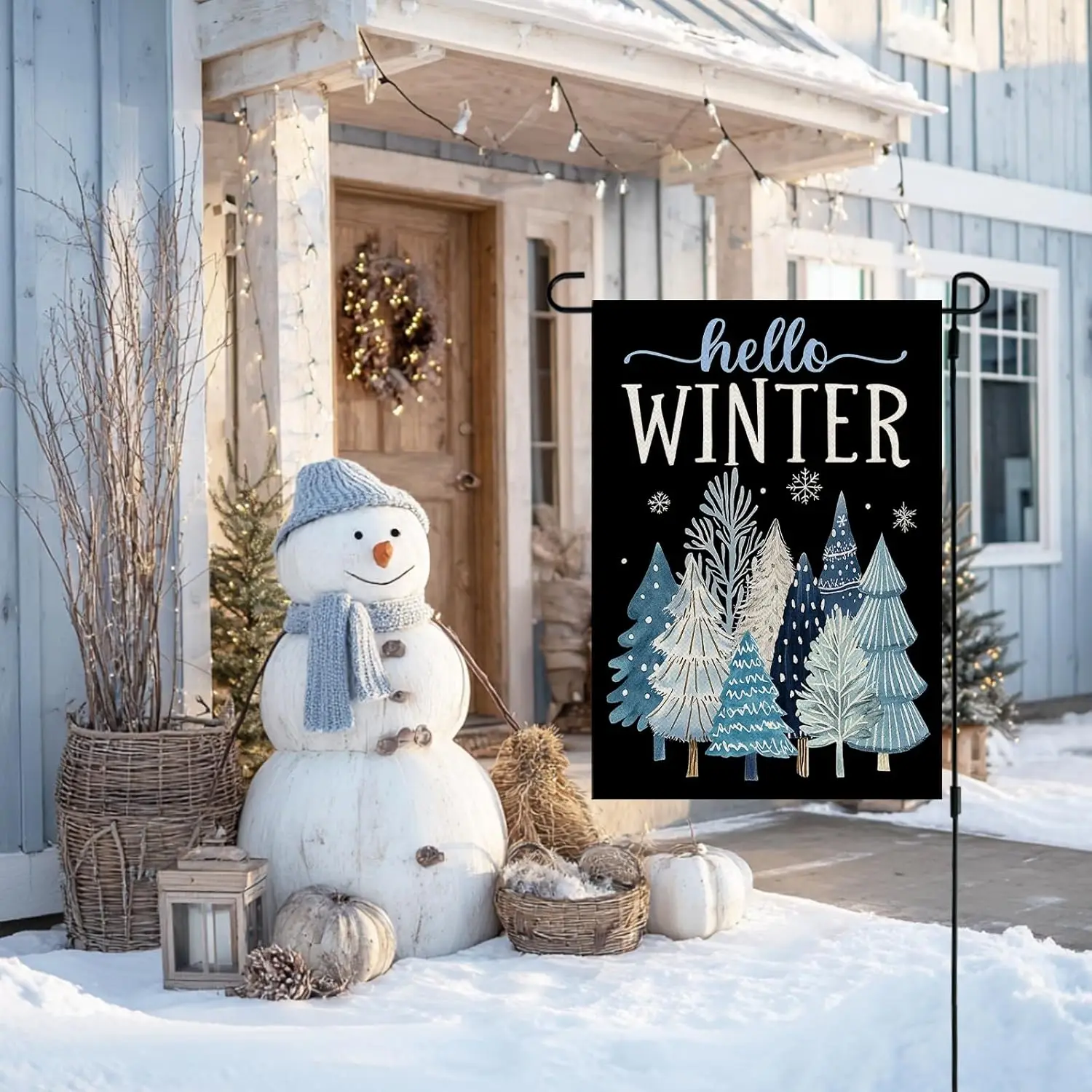 CROWNED BEAUTY Hello Winter Garden Flag Trees 12x18 Inch Double Sided Blue Decoration for Outside Yard CF1902-12 jjp