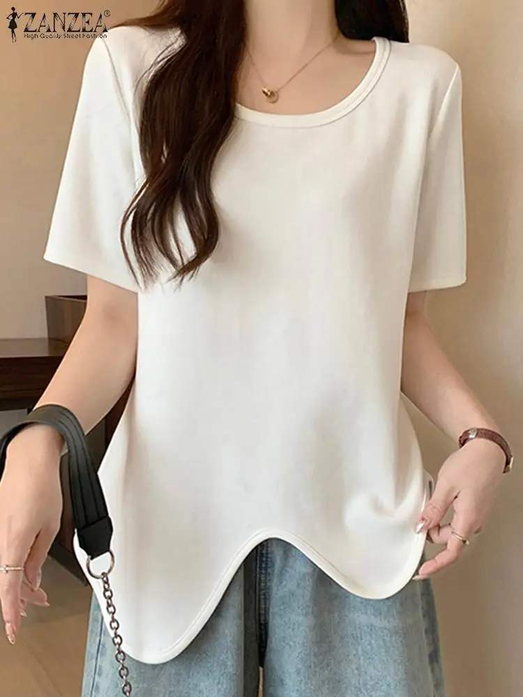 ZANZEA Casual Loose Irregular Hem Blusas Mujer Korean Fashion Women O Neck Short Sleeve Blouses Summer Solid Color T-shirts