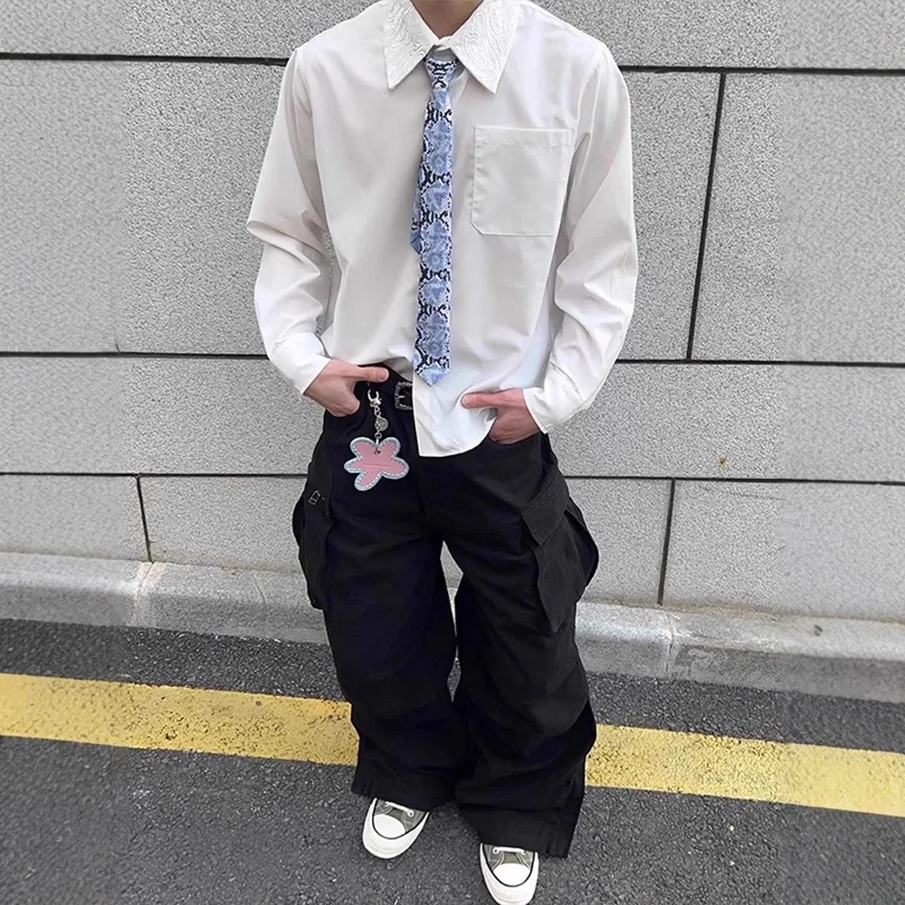 All Seasons Men's White Embroidered Floral Collar Shirt Elegant Turn Collar Business Shirts For Men Clothing