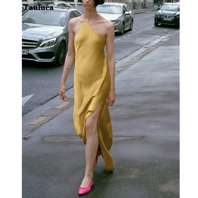 

2023 Summer European And American Style Women Slim Dress Asymmetric Yellow Satin Silk Drape Elegant Female Suspenders Long Dress