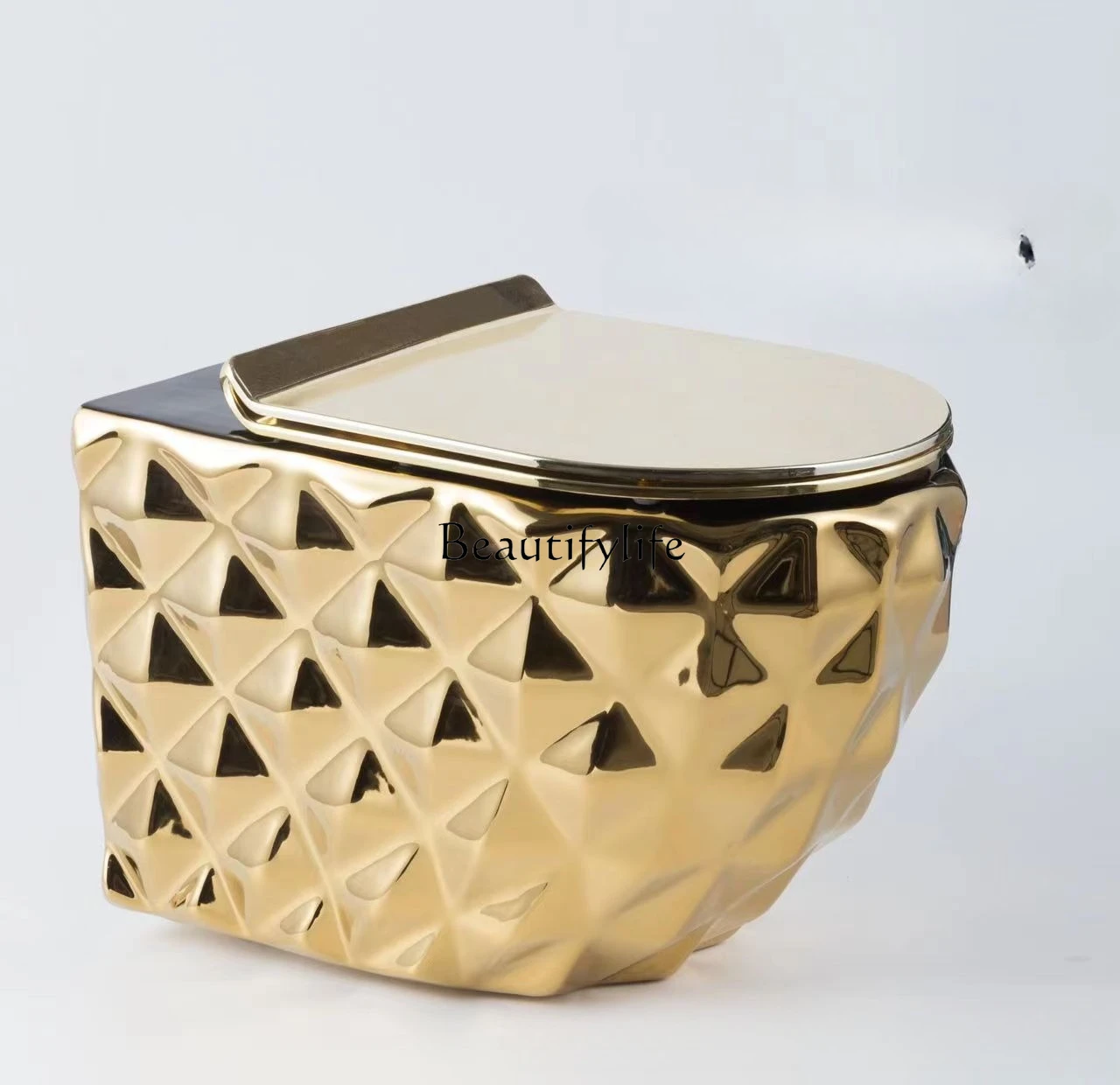 

Hotel bathroom gold hanging toilet villa electroplated ceramic wall hanging toilet diamond pattern hanging